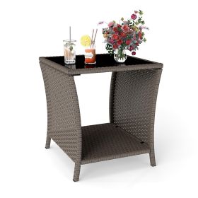 PPL Outdoor Side Tables for Patio - Tempered Glass Top Small Patio Wicker Table with Storage Shelf for Balcony & Porch, Durable PE Rattan & Iron Fram