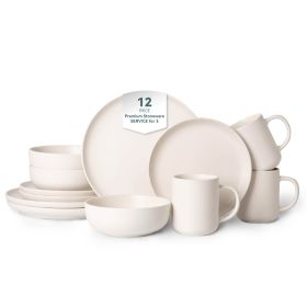 12-Piece Stoneware Dinnerware Sets with Mugs | Microwave & Dishwasher Safe | Non-Toxic Dinner Plates Bowls Set | Stackable Matte Glaze Kitchenware fo