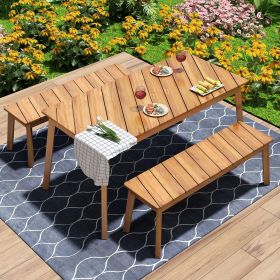 3 Pieces Acacia Wood Table Bench Dining Set For Outdoor & Indoor Furniture With 2 Benches, Picnic Beer Table for Patio, Porch, Garden, Poolside, Natu